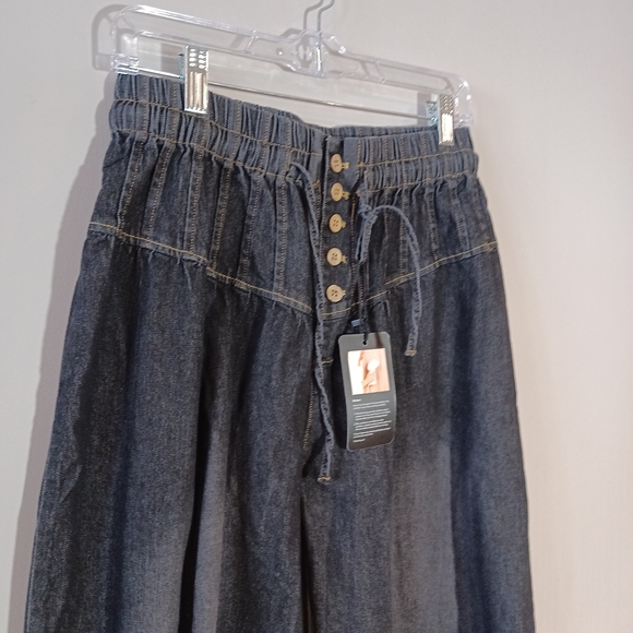 Chartou Baggy Wide Leg Jeans Elastic Mid Waist Dark Wash Size M New - Picture 4 of 10